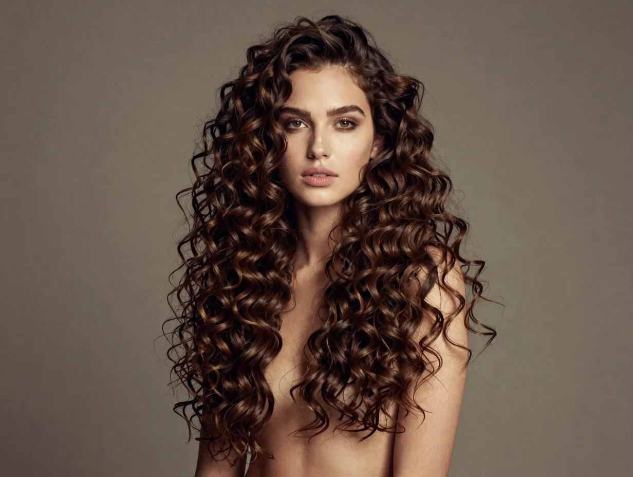 Curly midi cut long layers deep side part romantic elegant