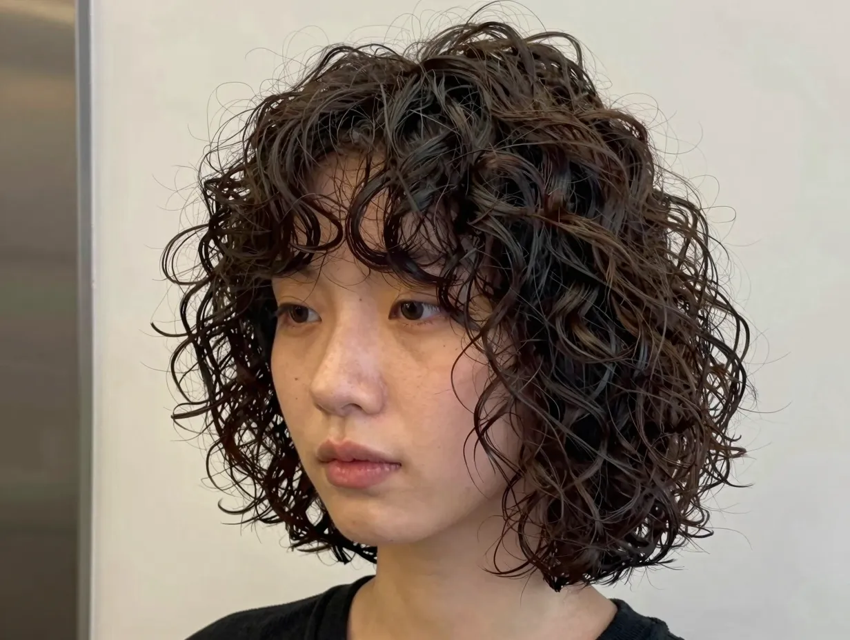 Textured wolf cut mid length curly hair heavy crown layers