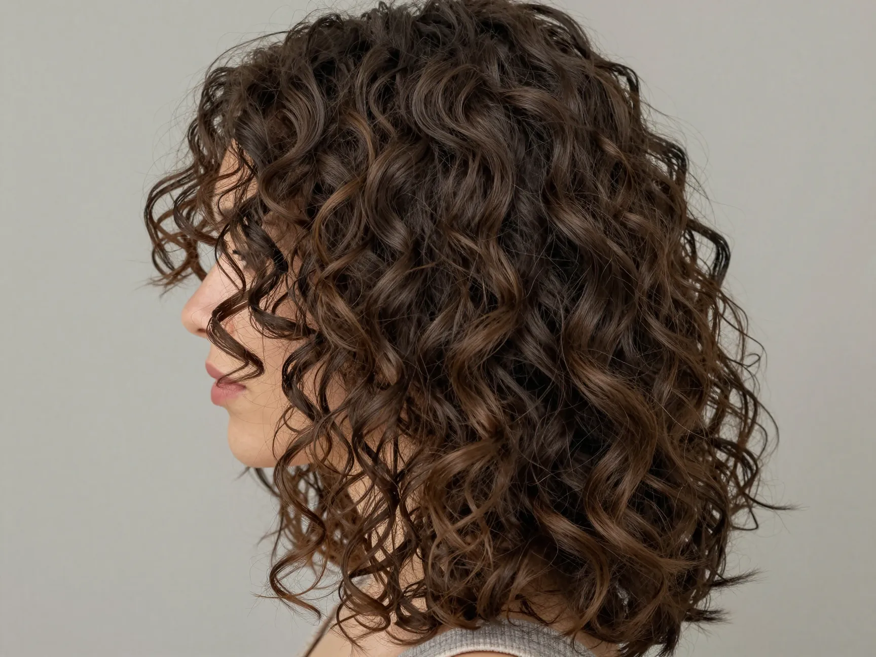 Collarbone length curly hair cascading layers waterfall effect