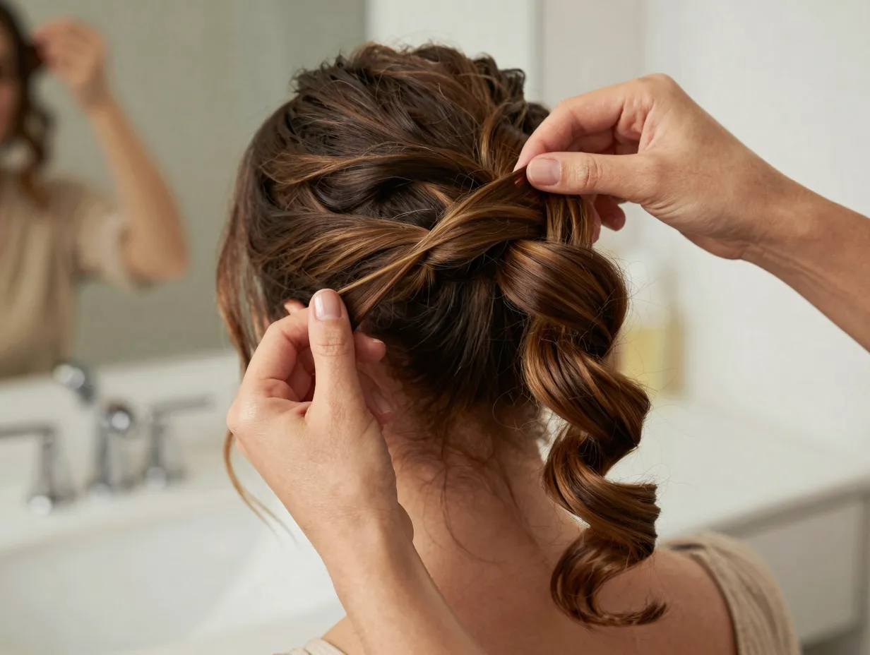 Woman unraveling twist out overnight to reveal defined elongated spirals