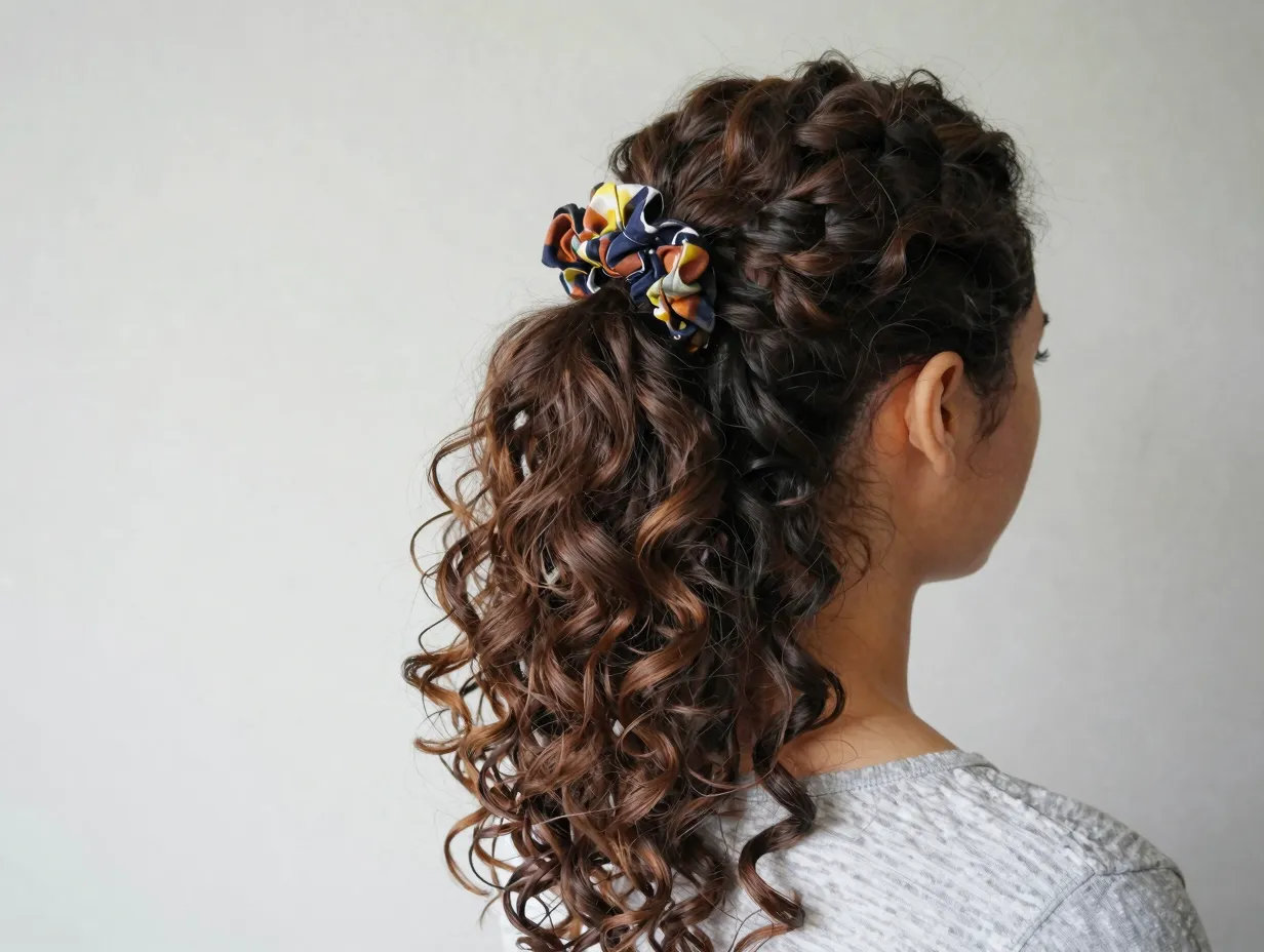 Pineapple updo with long curly hair gathered loosely at the crown