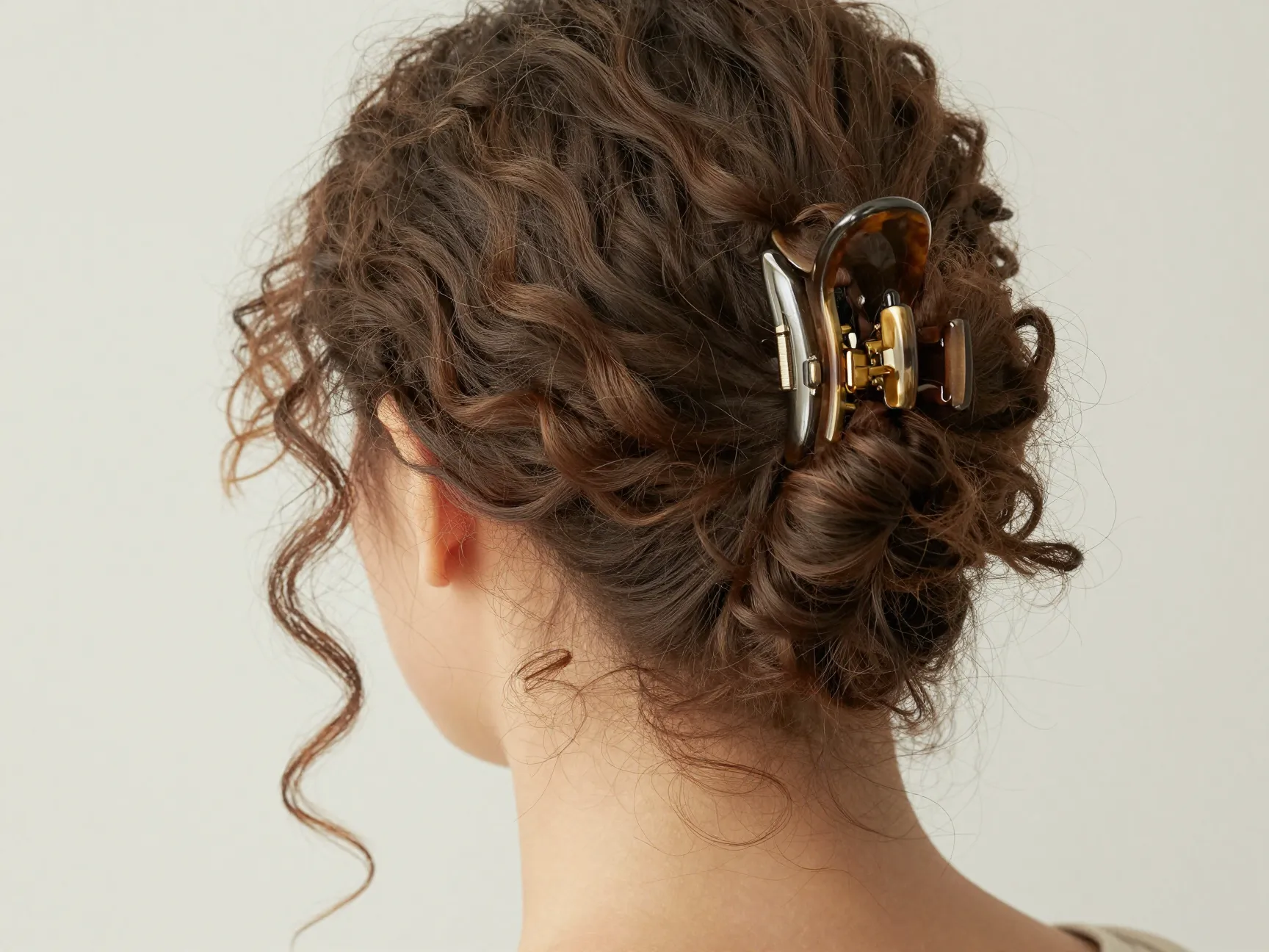 Loose protective bun at the nape secured with a large claw clip