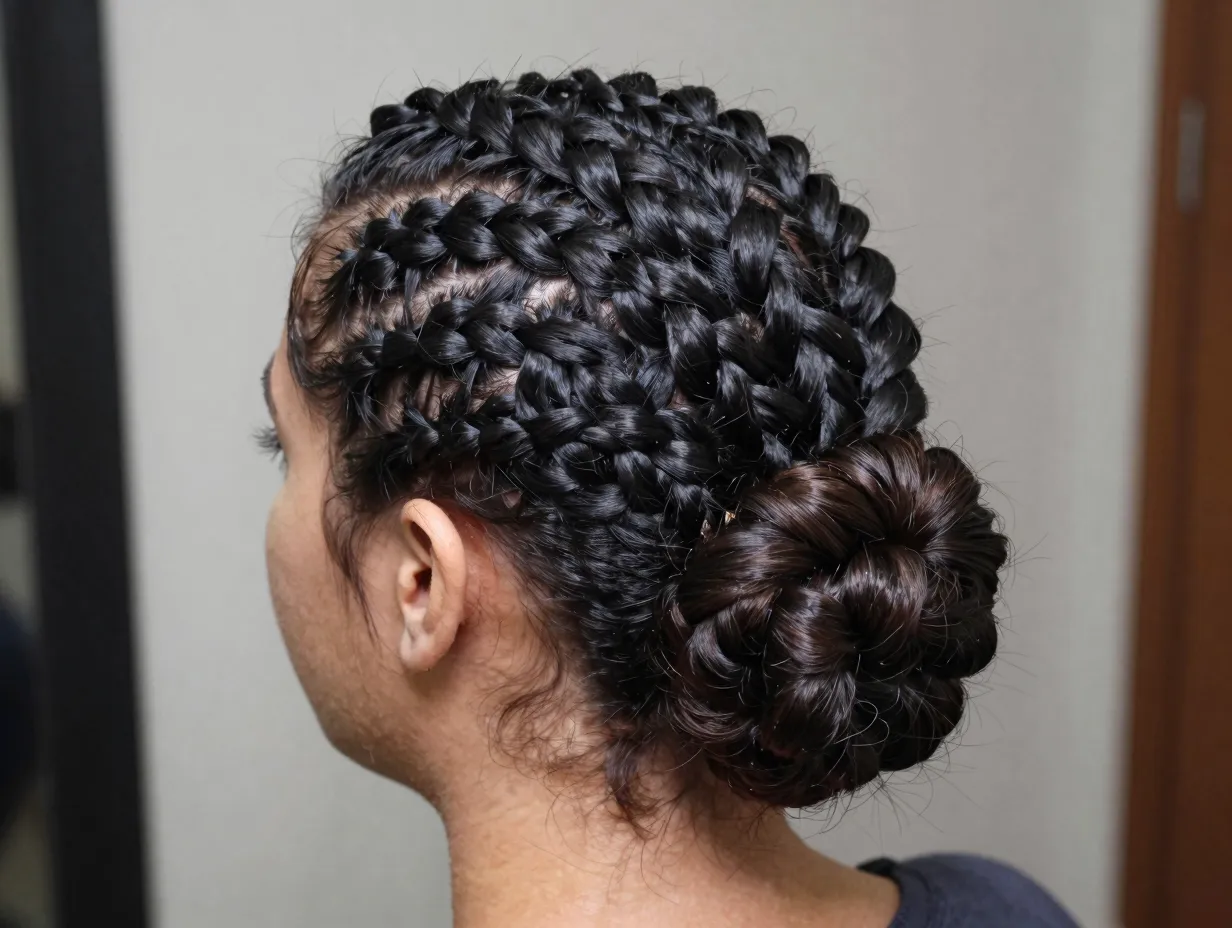 Flat twist up do with textured twists swept into a polished bun