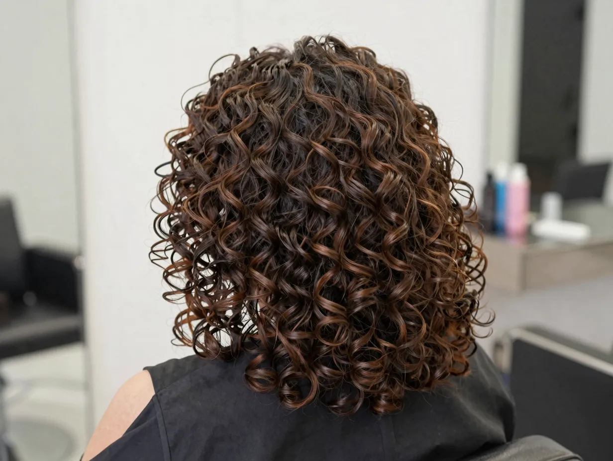 Long layered cut on curly hair creating an oval diamond shape