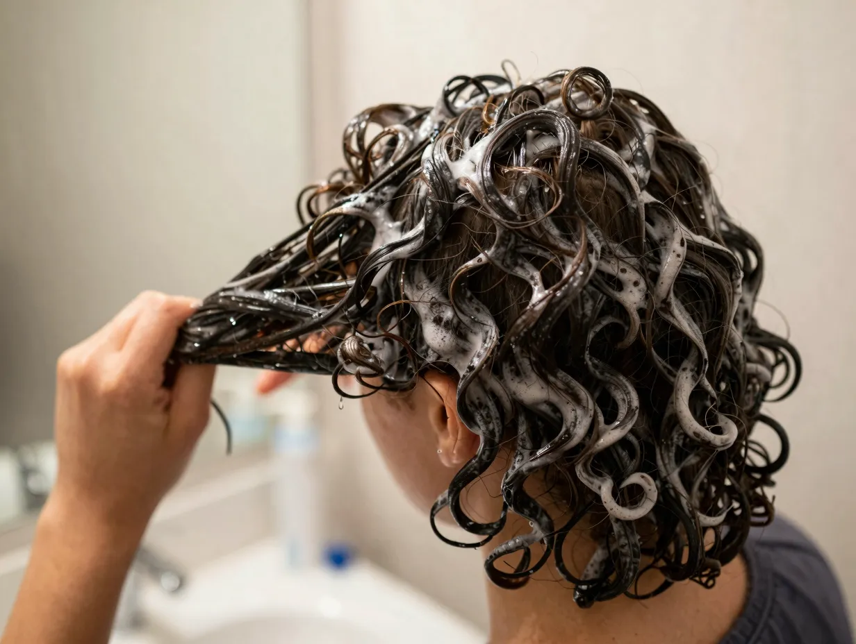 Medium length curly hair styled in a simple wash and go routine