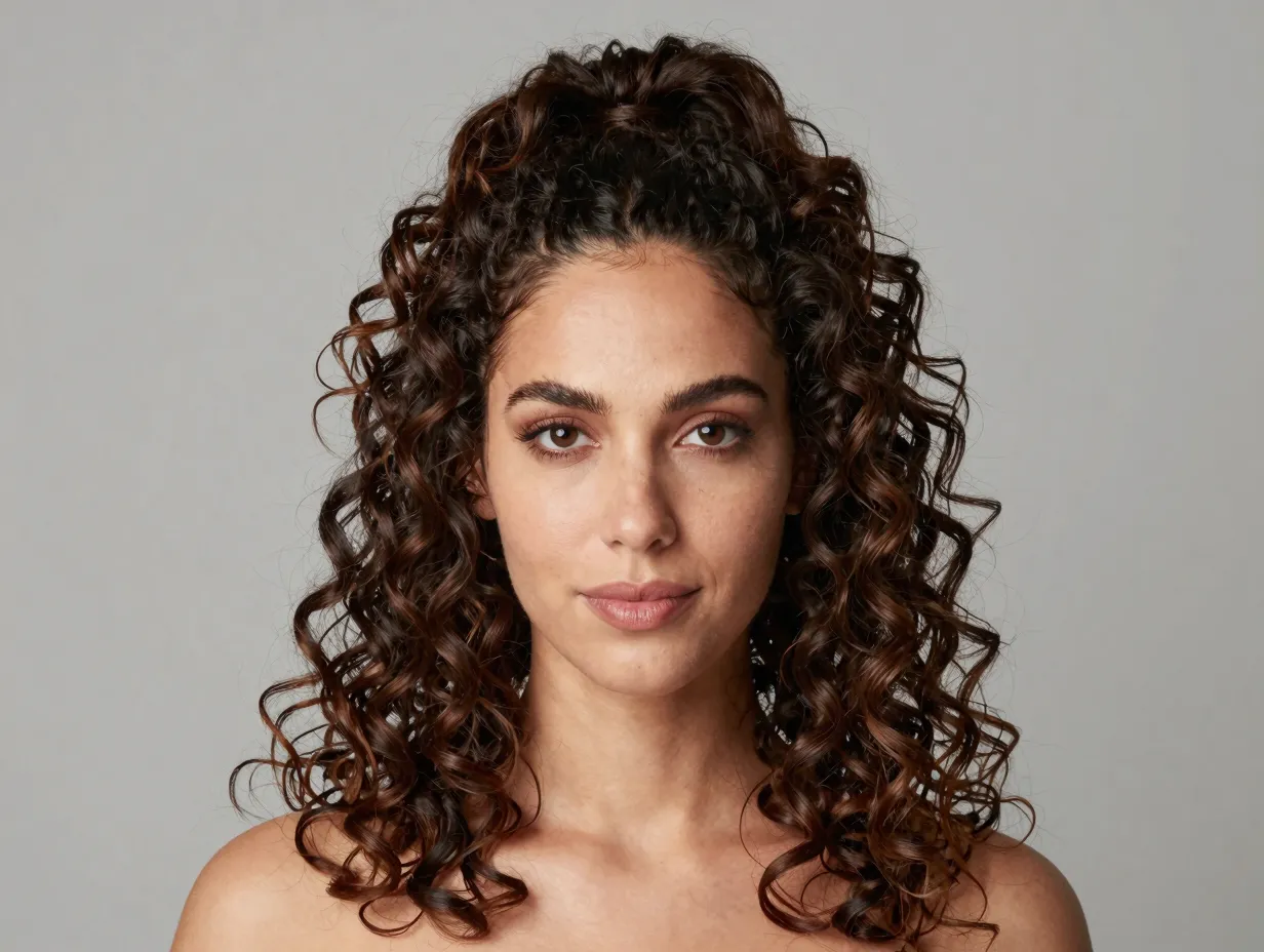 Voluminous half up half down hairstyle on defined medium curls