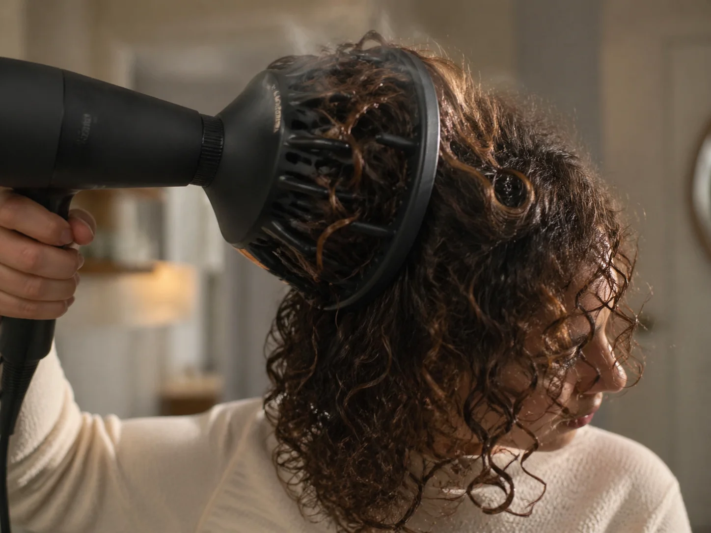 Diffuser lifting a section of medium curly hair for root volume