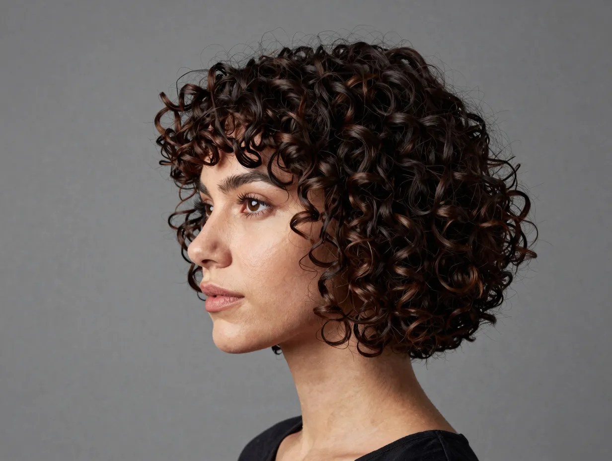 Curly bob haircut at collarbone length with rounded shape