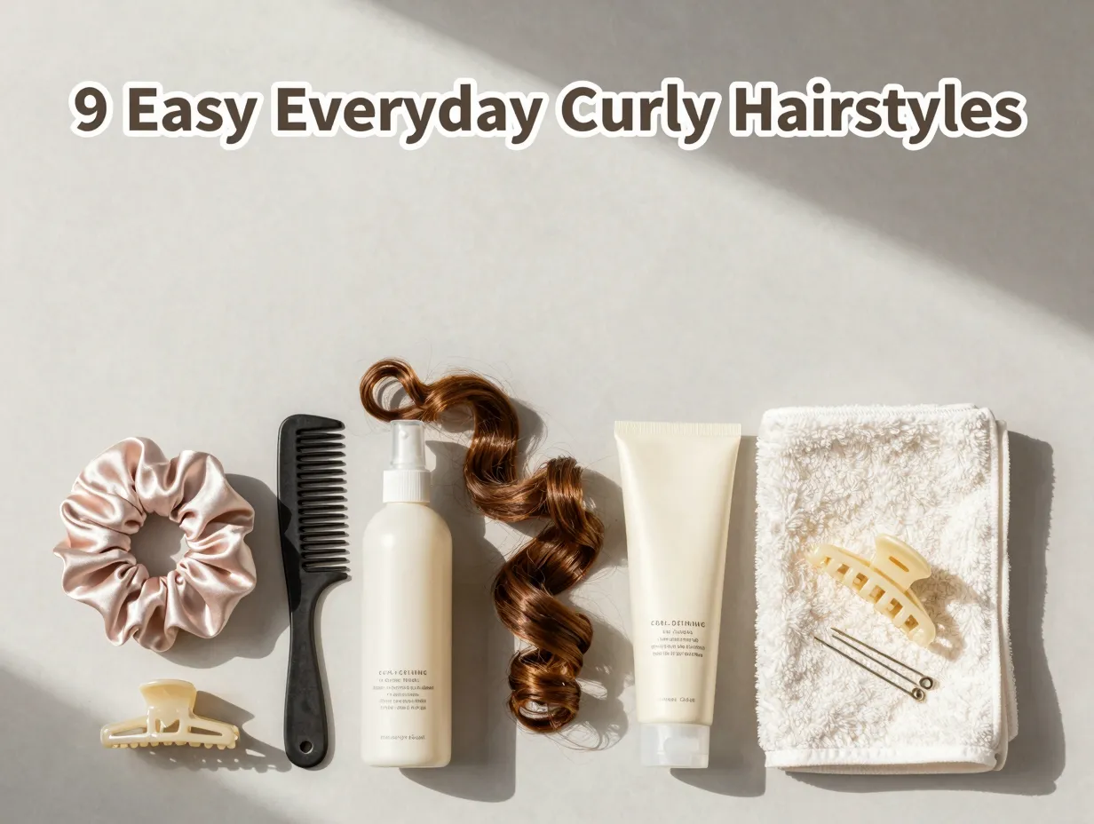 Satin scrunchie curl cream wide tooth comb flat lay routine