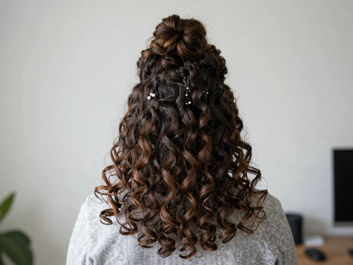Half up top knot effortless hybrid volume face framing