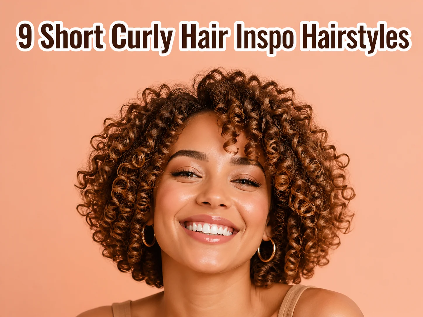 Short tousled curly bob empowered woman celebratory smile peach background