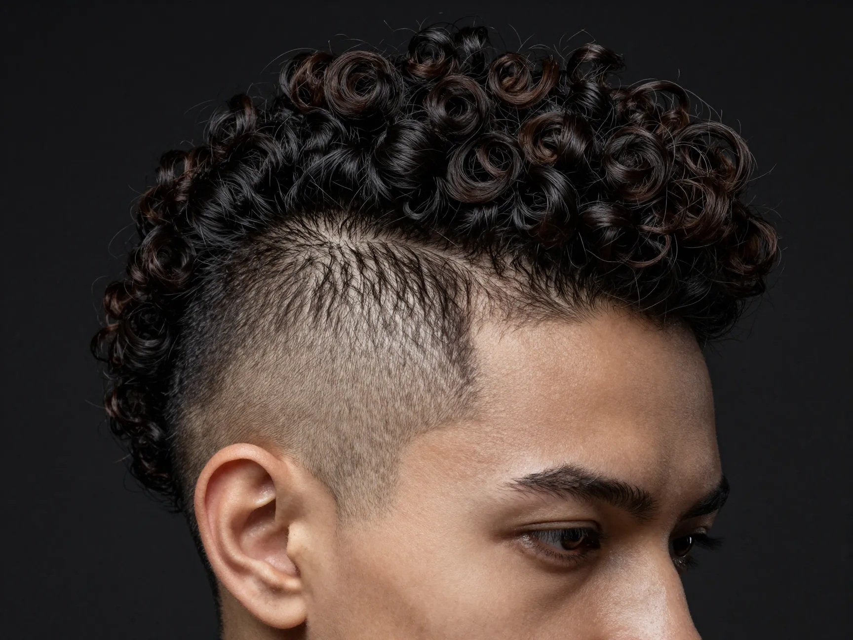 Dramatic curly mohawk on tight coil hair with shaved sides