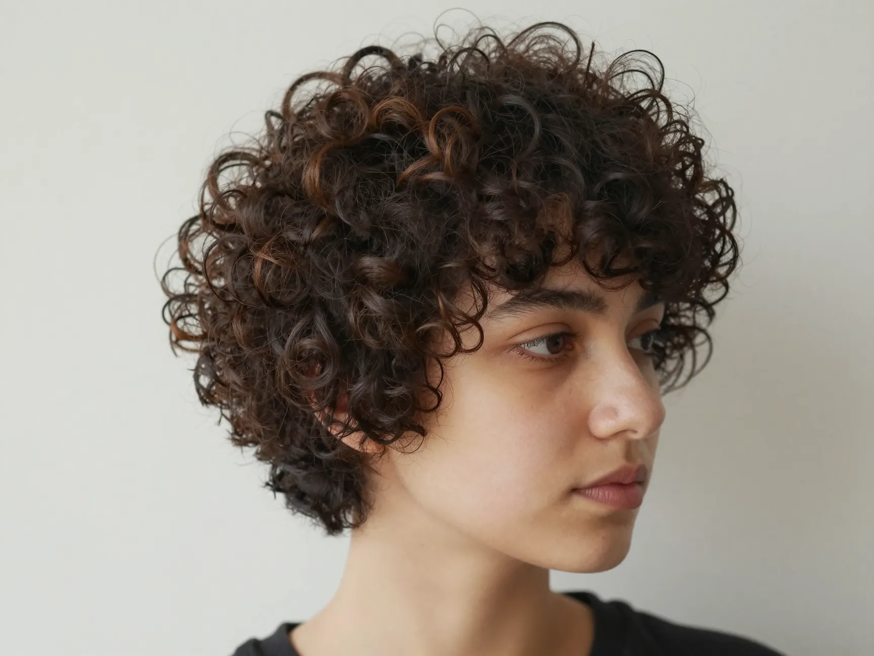 Voluminous textured curly pixie cut on a person