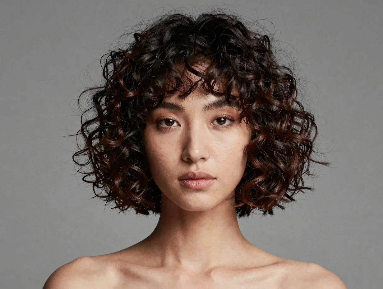 Chin length curly bob with micro bangs editorial style