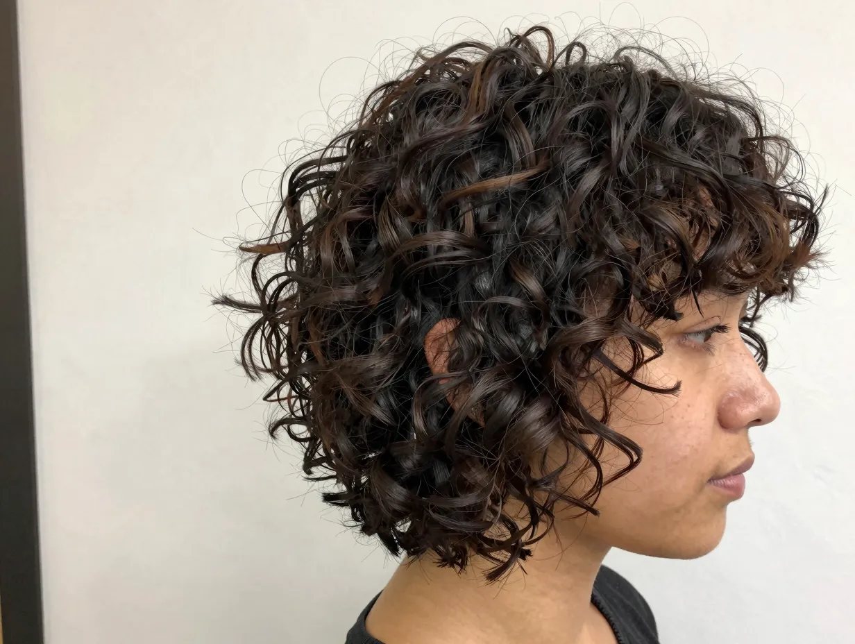 Choppy layered curly bixie cut with face framing pieces