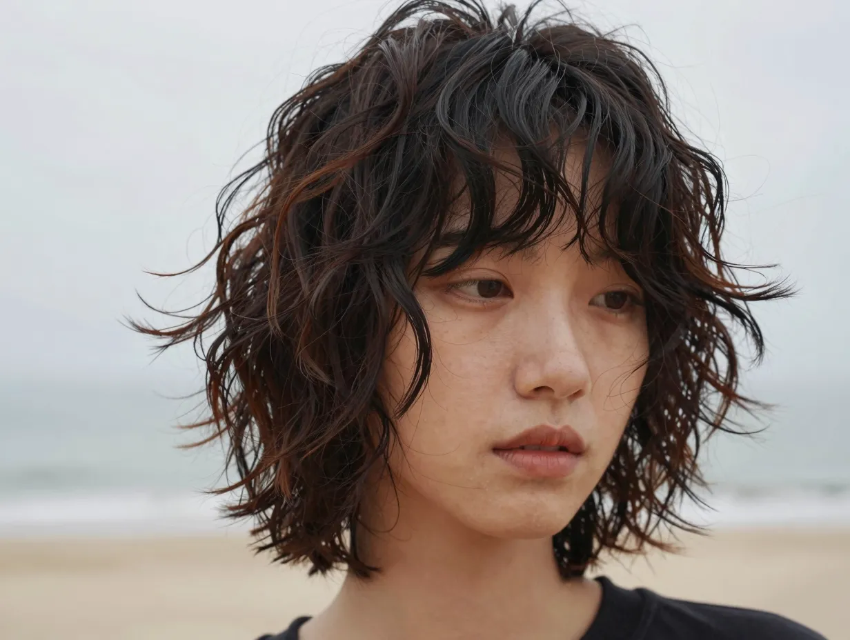 Lived in short curly shag with textured fringe and layers