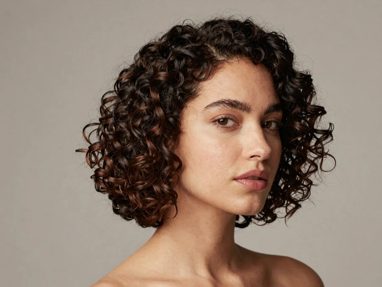 Elegant short curly lob at jaw length with defined curls