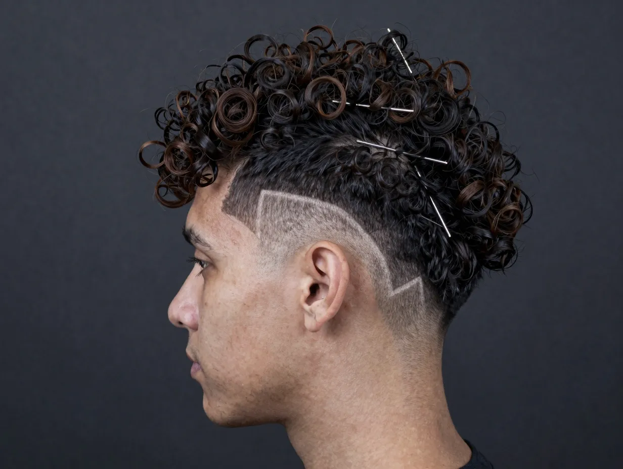 Custom curly undercut with geometric design hidden underneath
