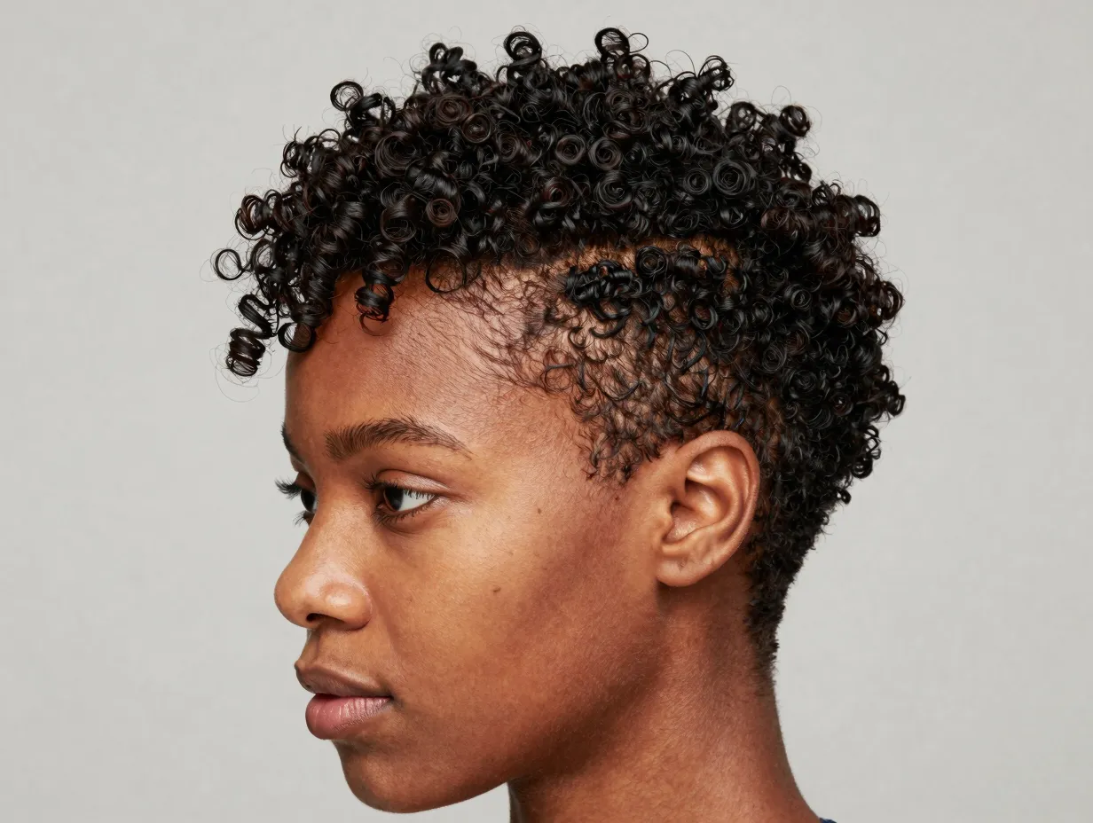 Close cropped curly pixie cut on natural hair with tapered sides