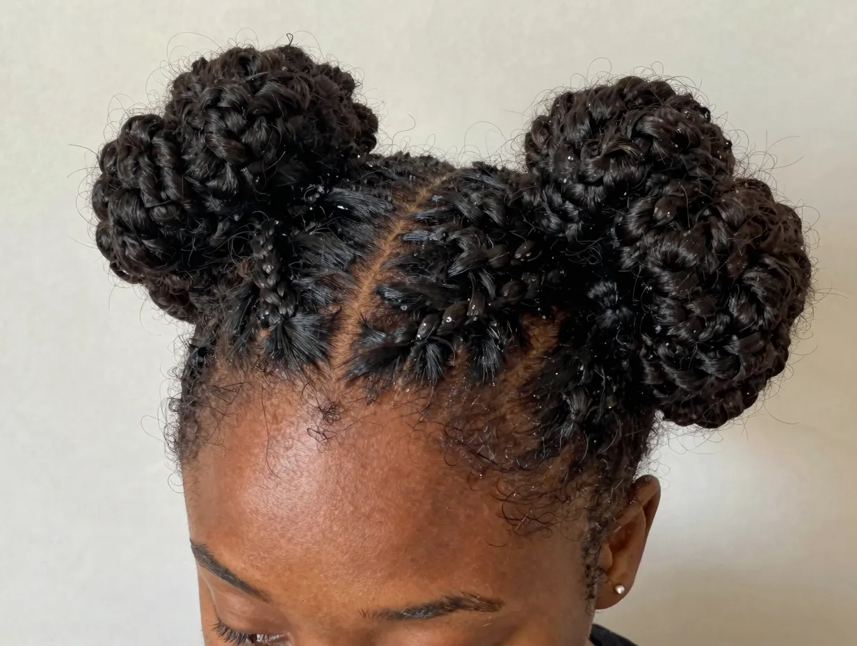 Protective style of mini twists on short natural hair styled in double buns