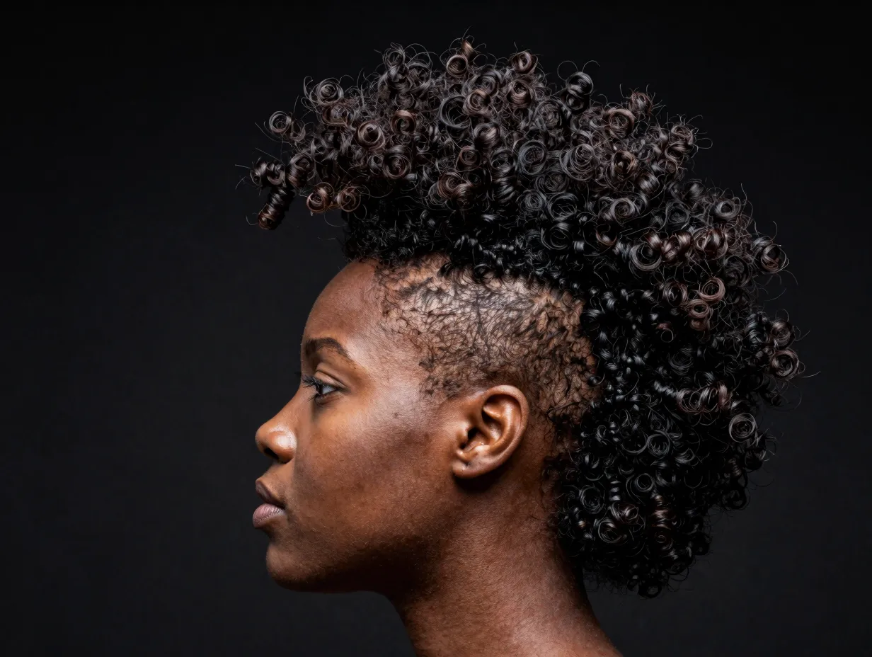 Bold curly mohawk with shaved sides and voluminous natural curls on top
