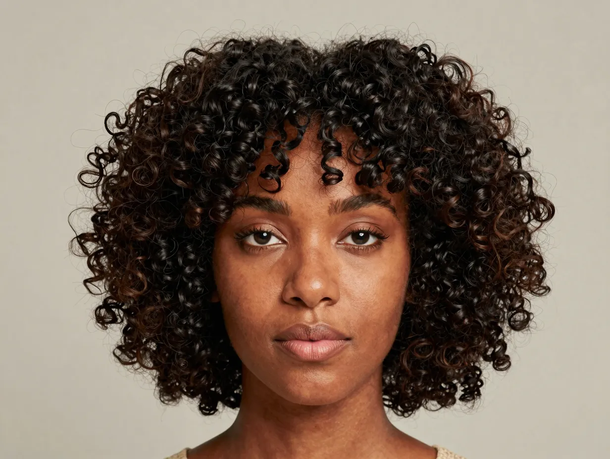 Rounded curly bowl cut framing the face on natural hair