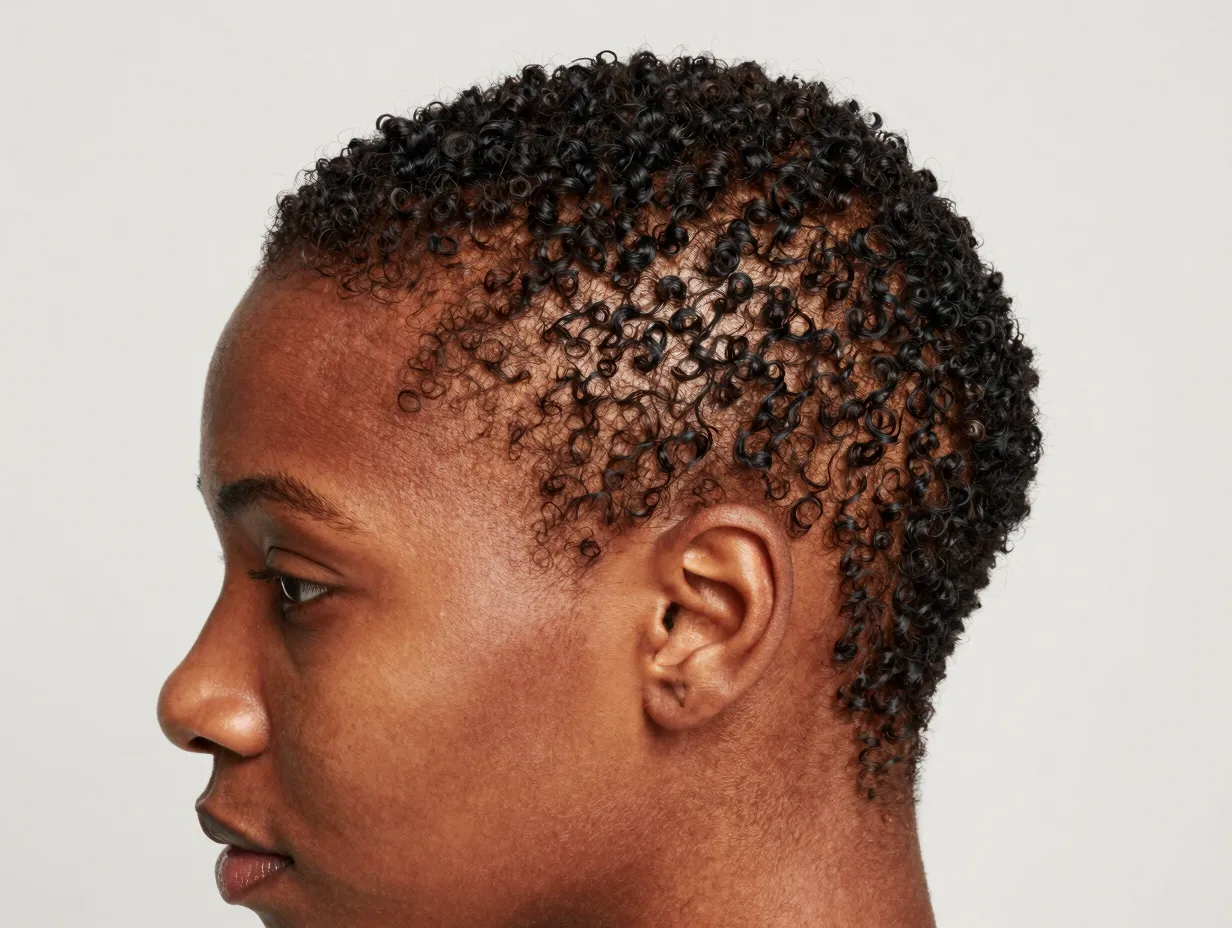 Liberating curly buzz cut showing visible coil texture on scalp