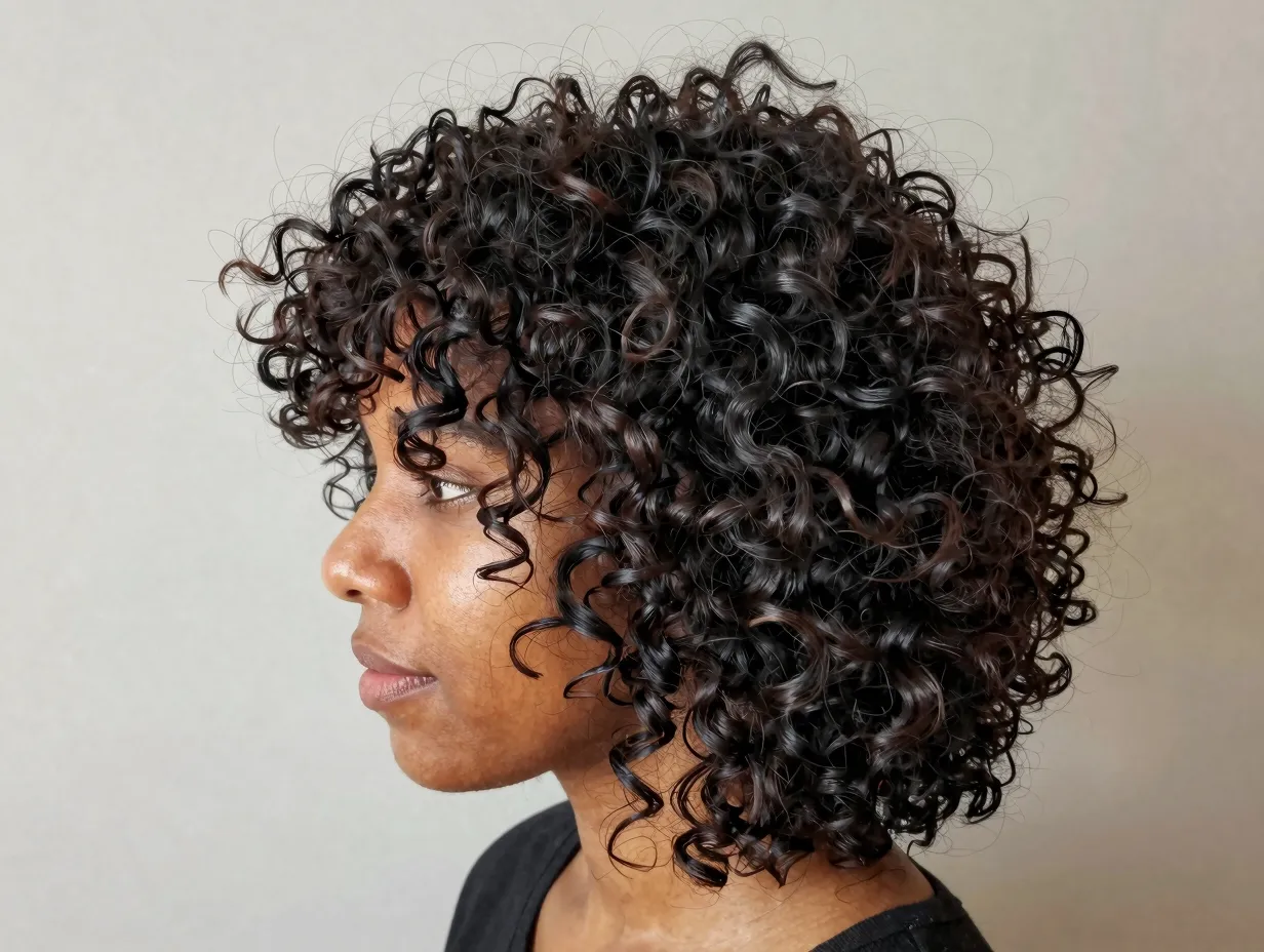 Layered curly wolf cut with choppy texture and voluminous crown
