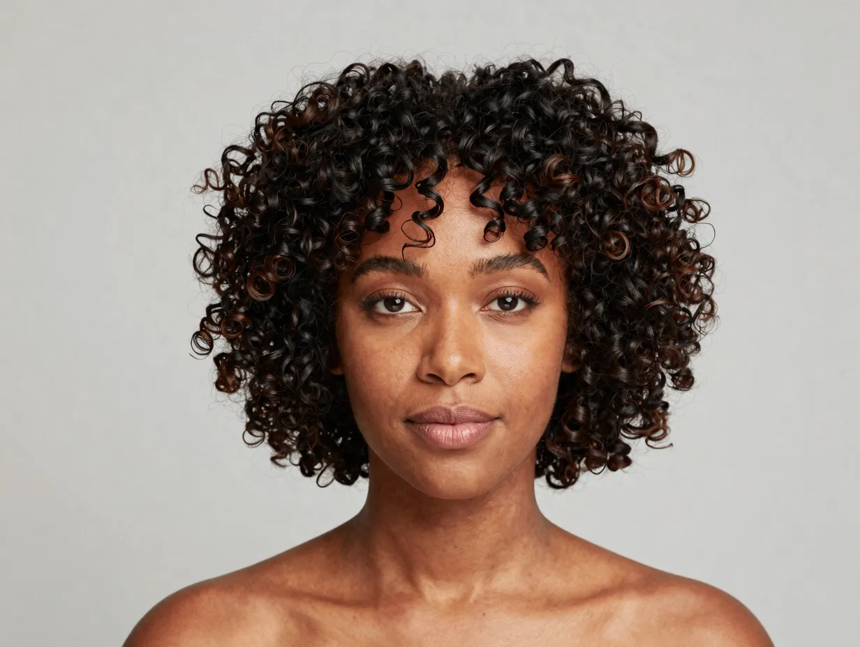 Face framing curly bob with blunt ends on natural hair