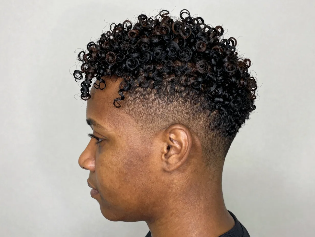 Polished tapered natural cut with short sides and curly crown