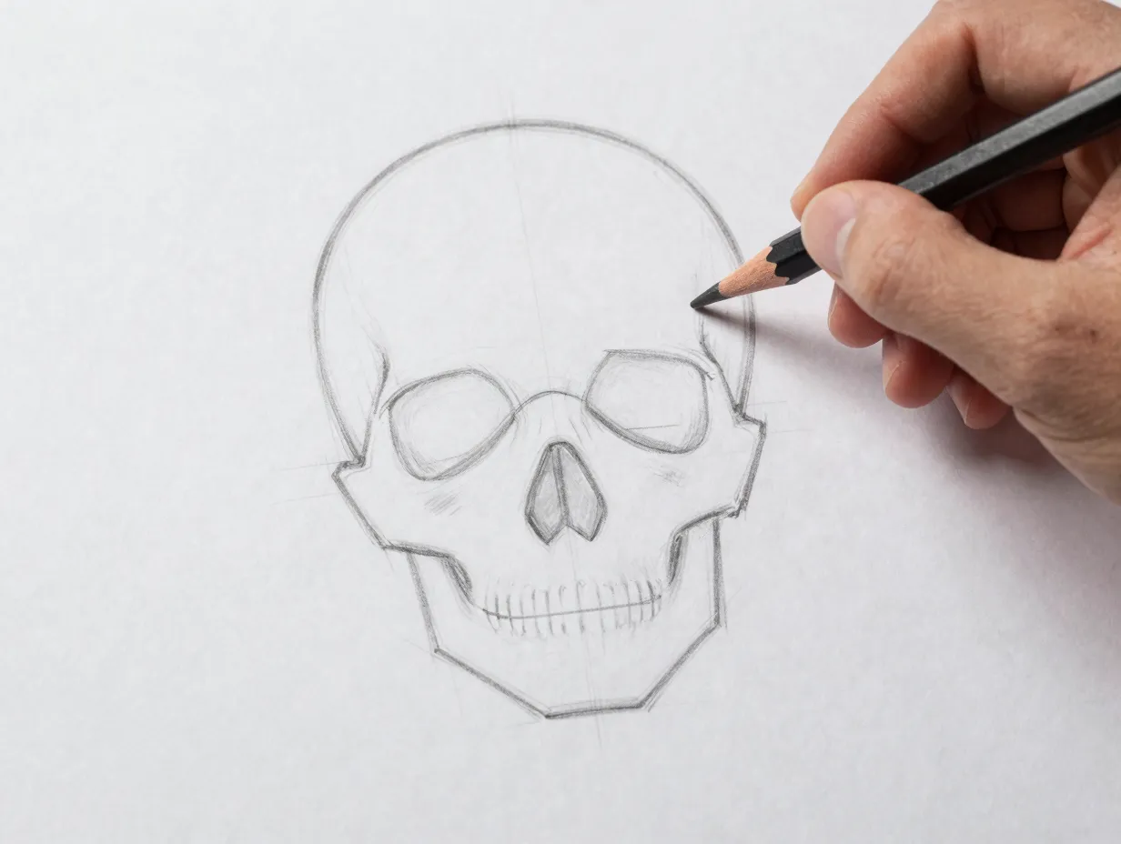 Art tutorial hand sketching head shape on paper with pencil