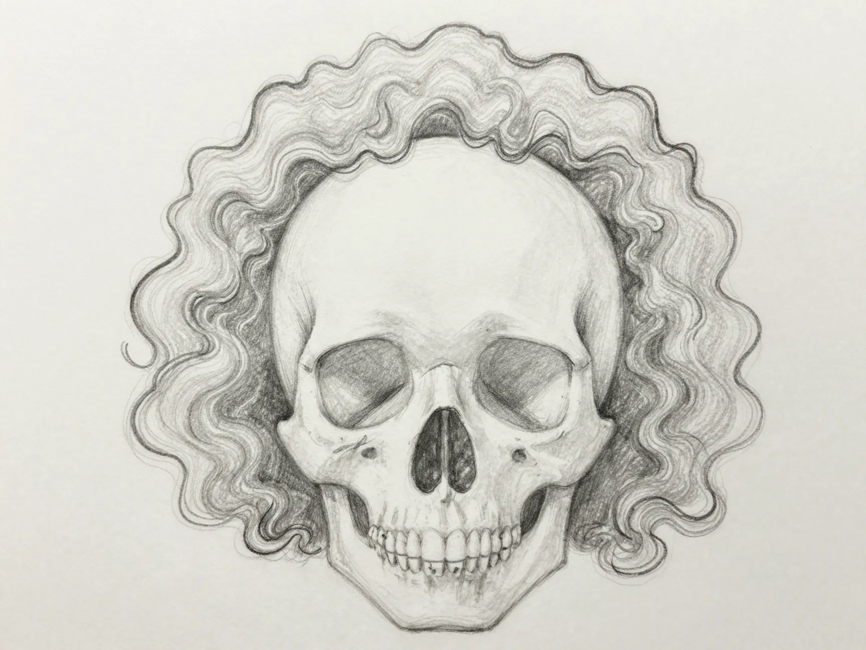 Pencil drawing showing loose curly hair volume boundary around skull