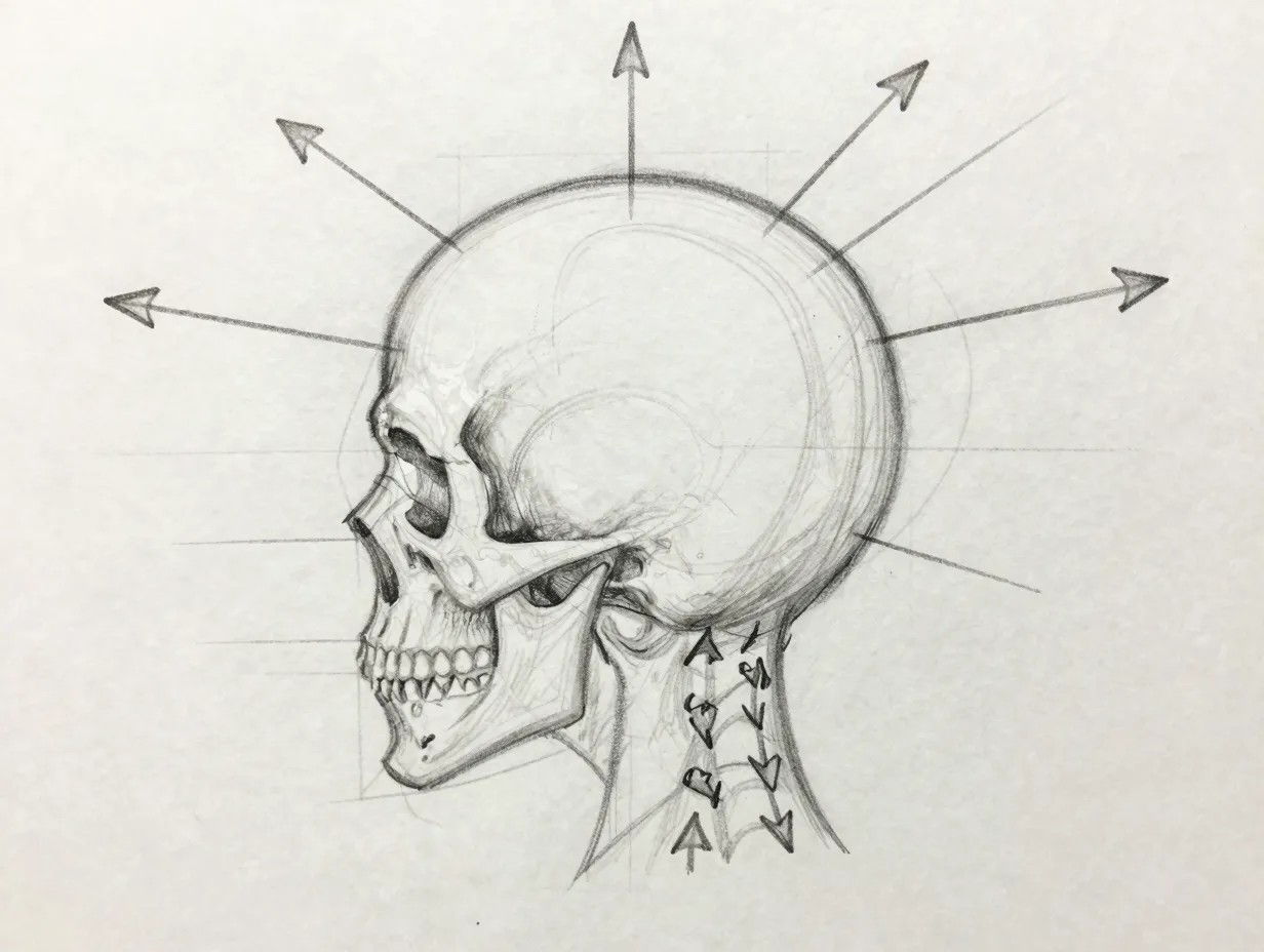 Pencil drawing with flow direction arrows radiating from crown point
