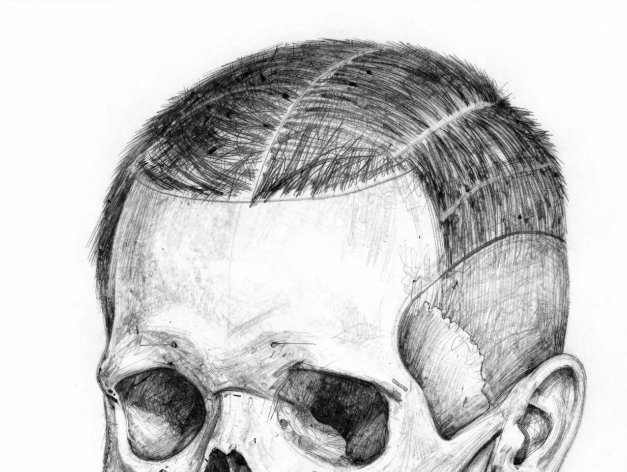 Pencil drawing of head with hair divided into front and back sections