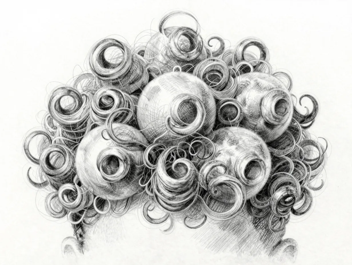 Pencil drawing with first hatching shading on curly hair clusters