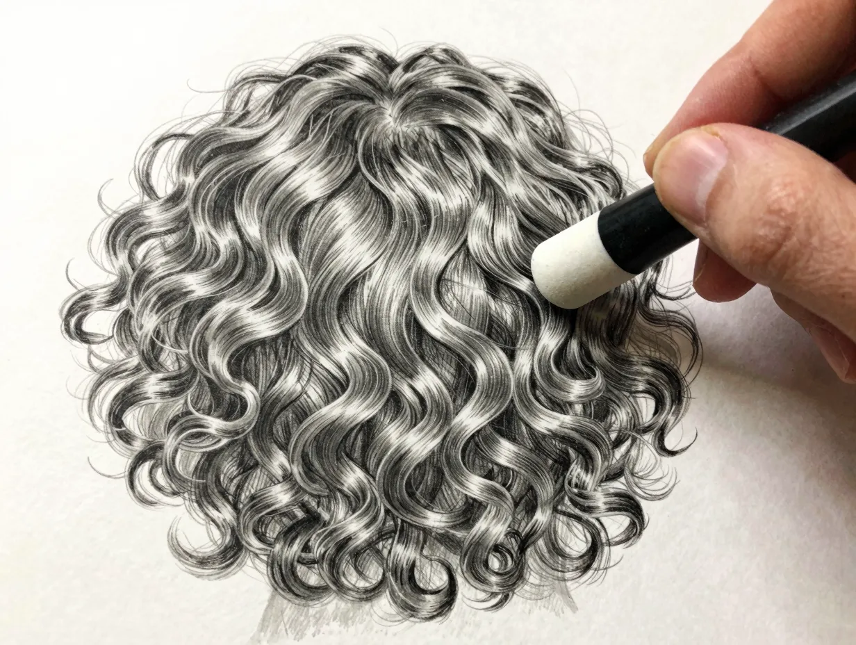 Blending stump smoothing pencil shading on curly hair drawing