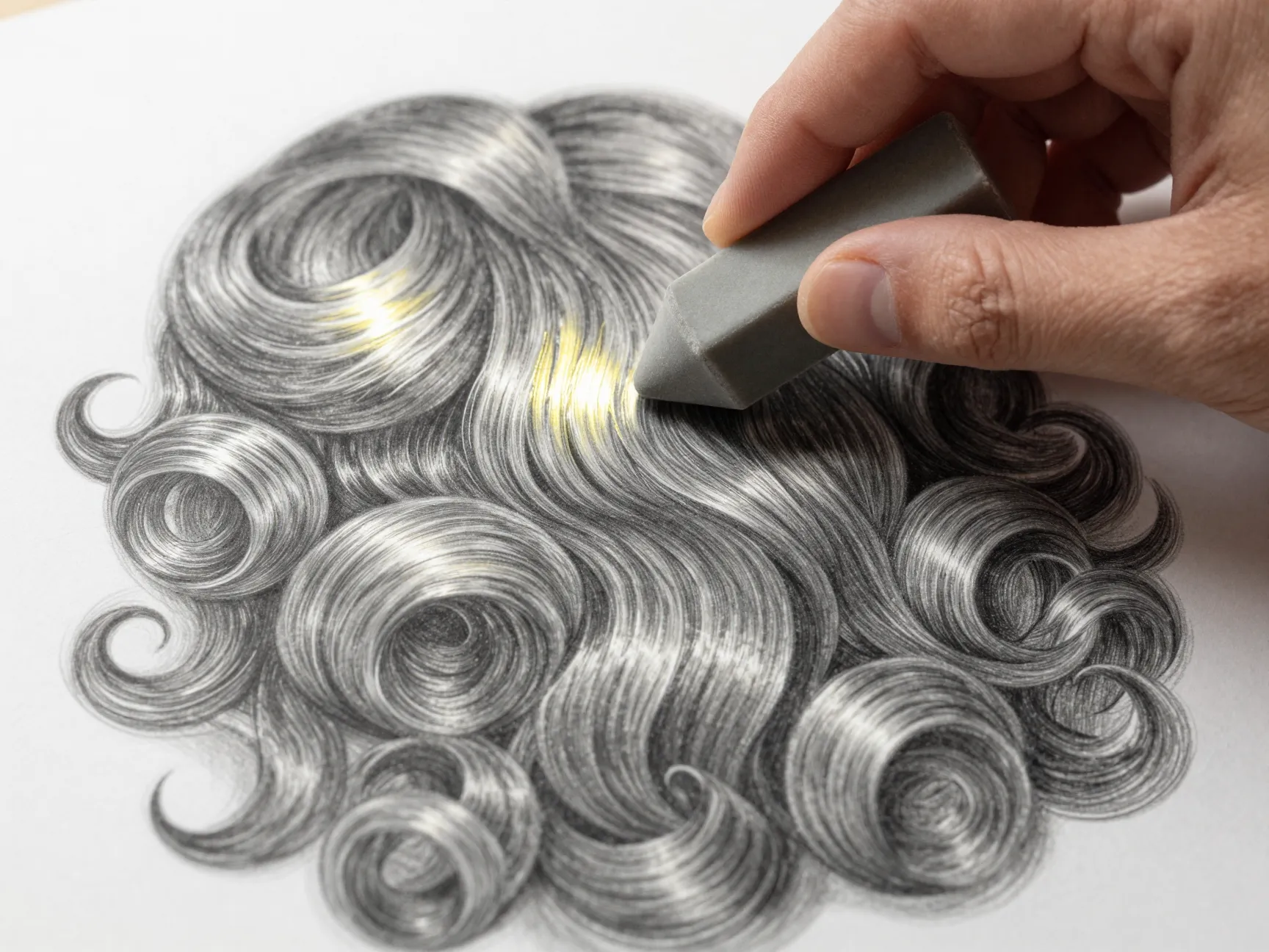 Kneaded eraser lifting highlights on top surfaces of pencil drawn curls