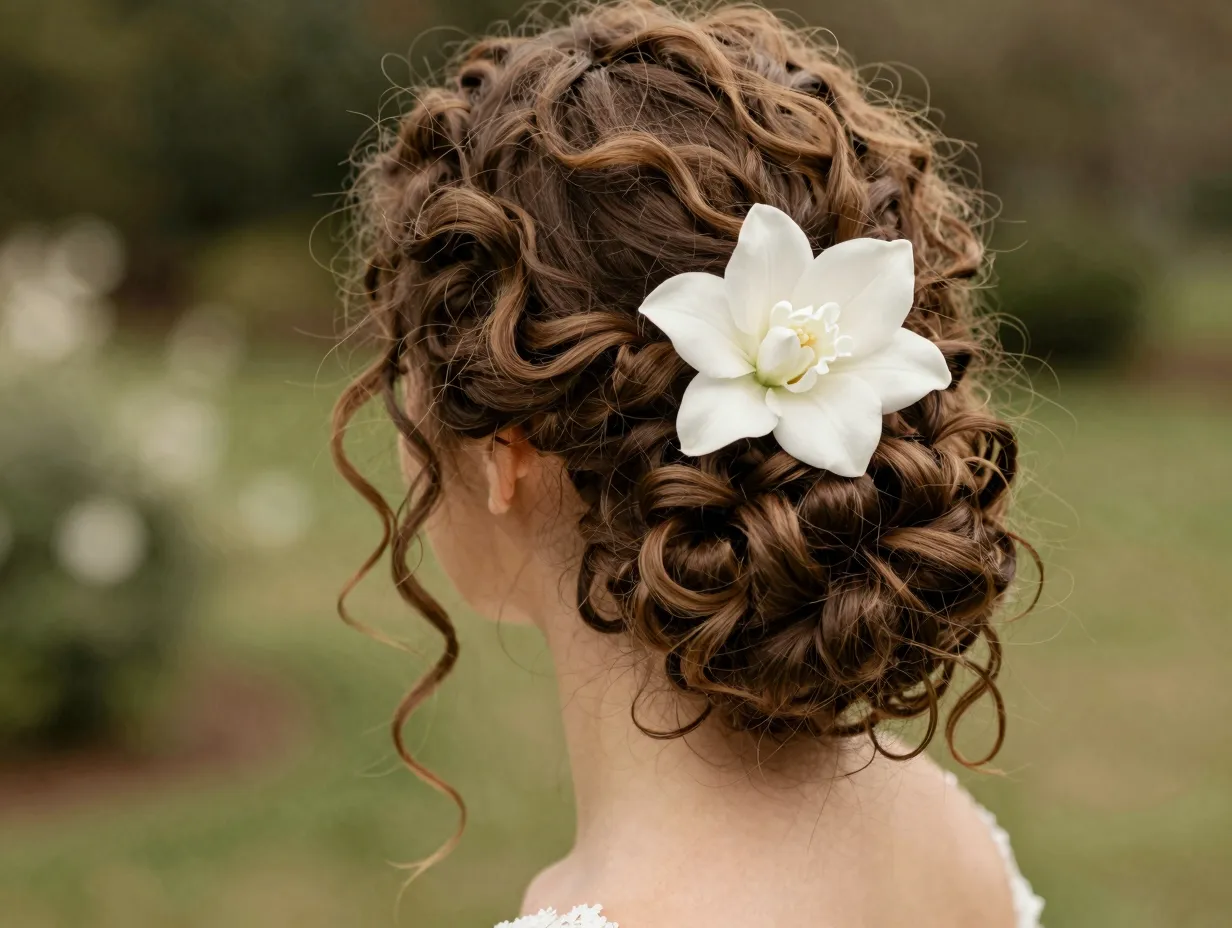 Loose curly updo bride garden wedding fresh flower