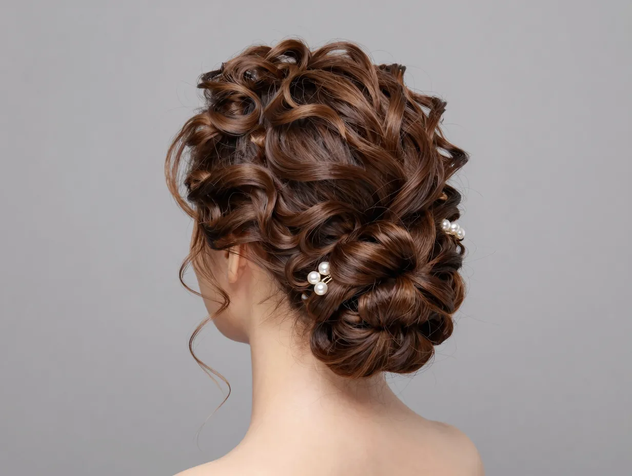 Textured curly bun flower pearl clips studio shot