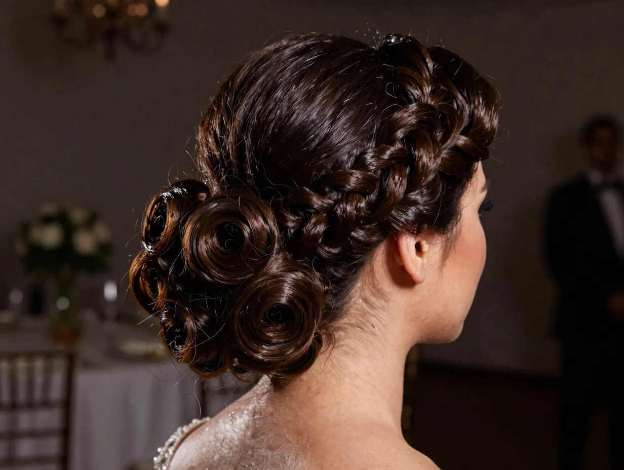 Full glam low updo voluminous rolls side braid