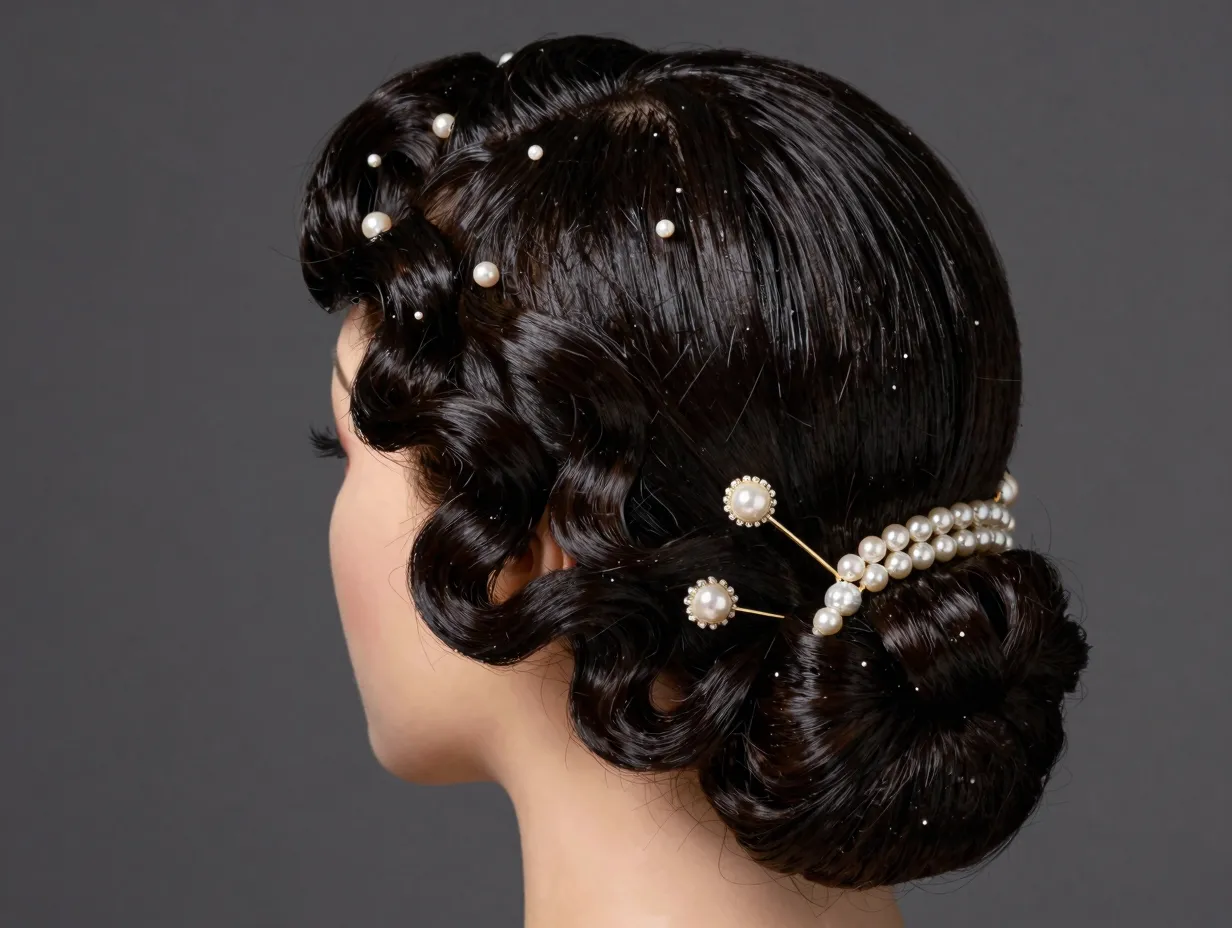 Retro updo glossy finger waves pearl pins