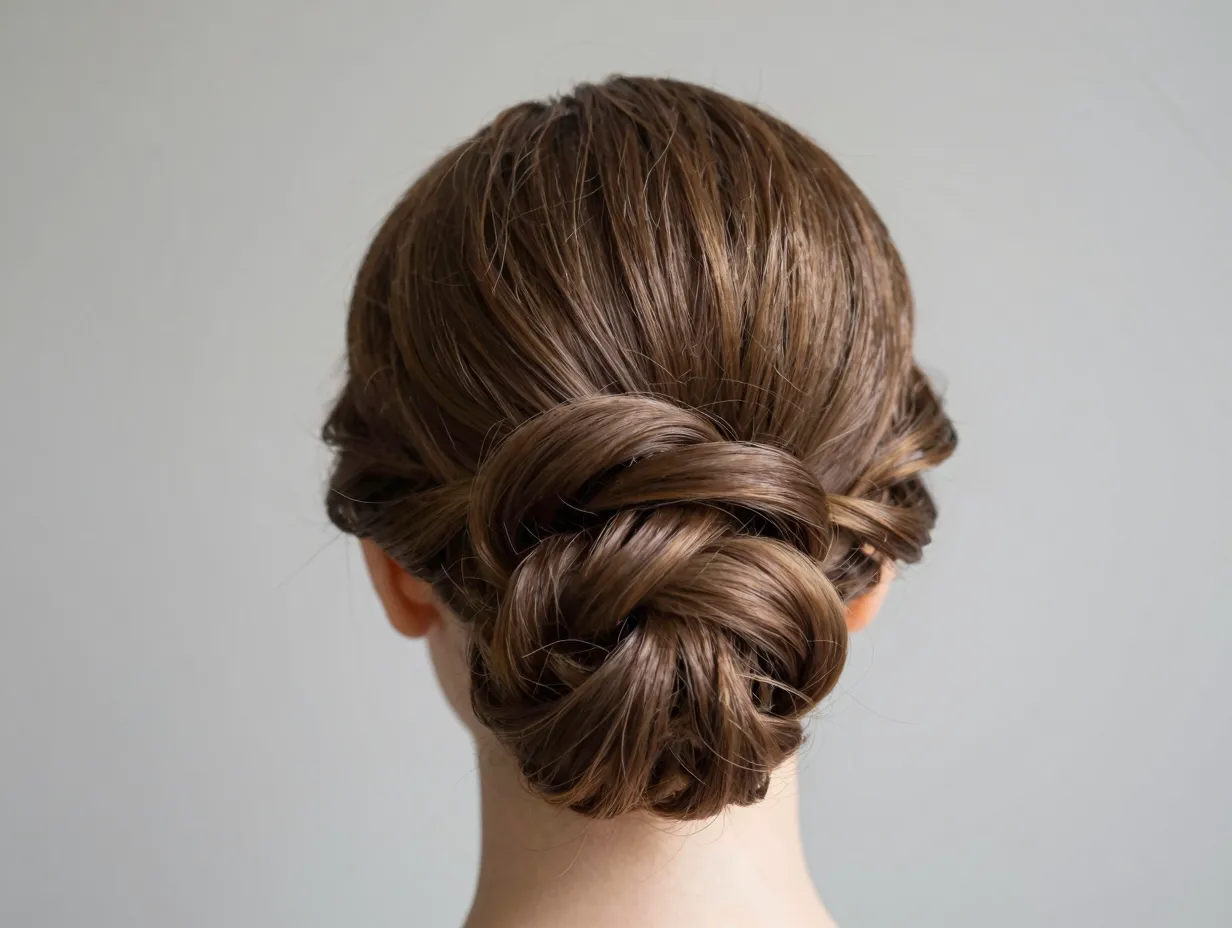 Rolled curly style low bun serpentine curves