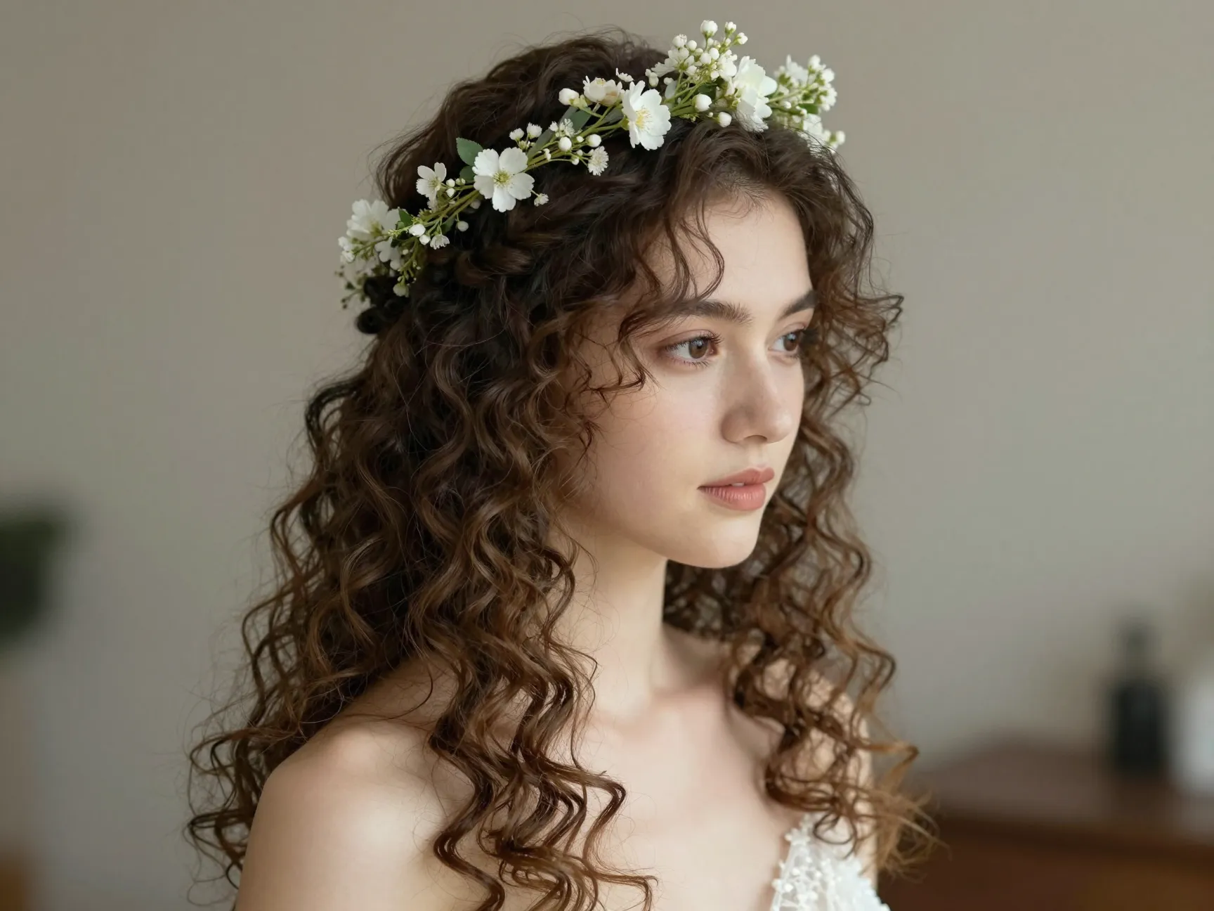 Half up half down curly style floral crown