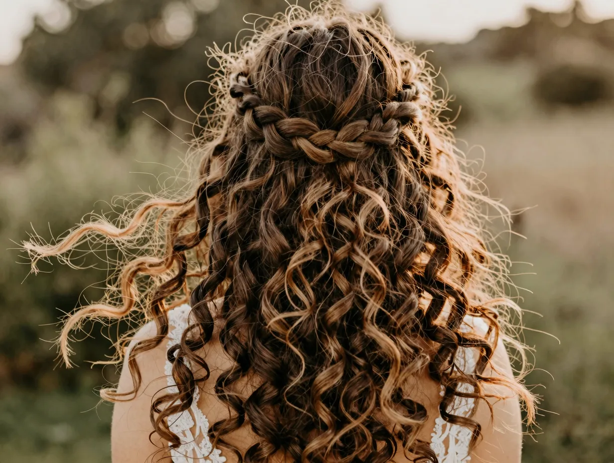 Bohemian braided curly style halo crown loose curls