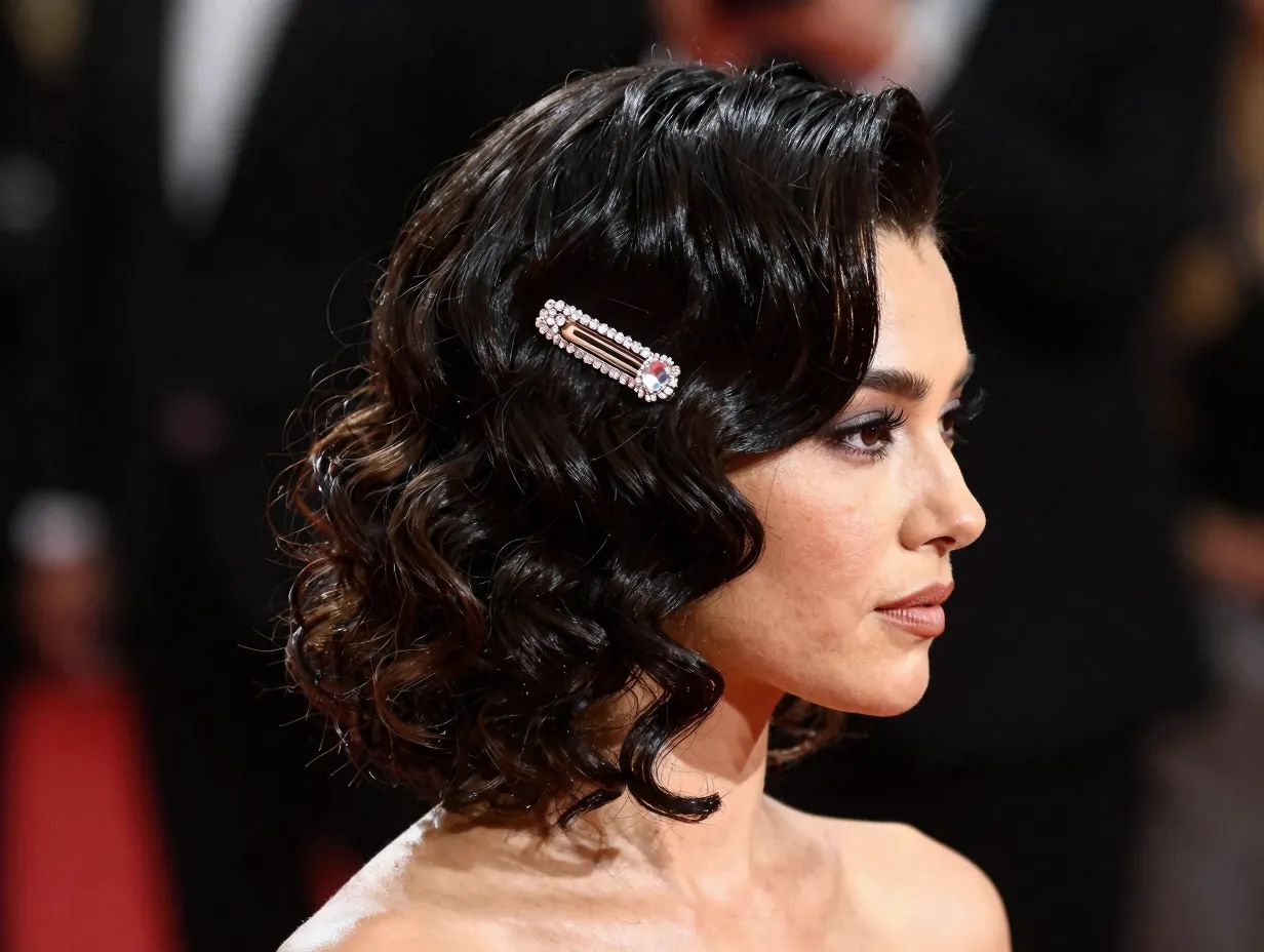 Curly side swept style deep part decorative clip