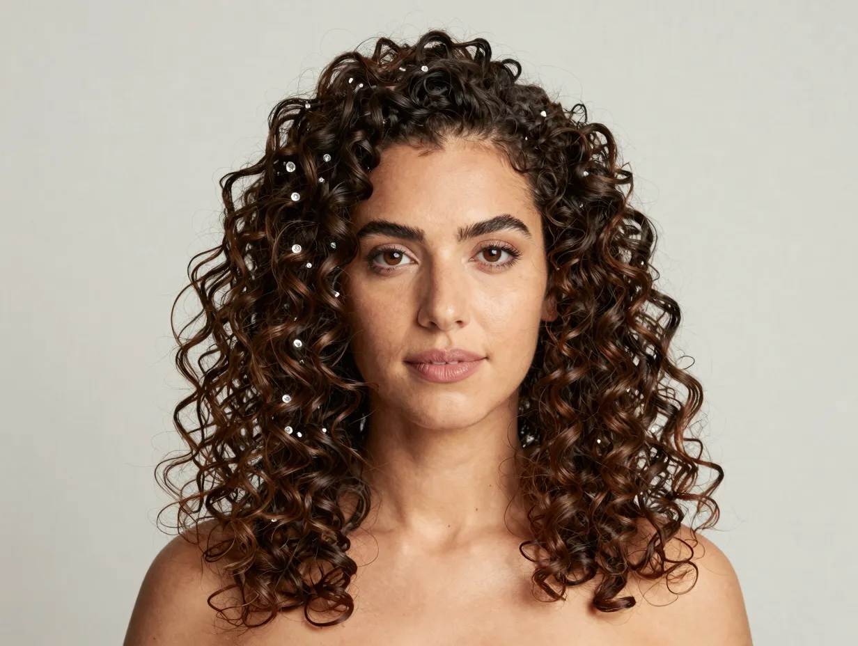 Natural curls down defined crystal pin bridal portrait