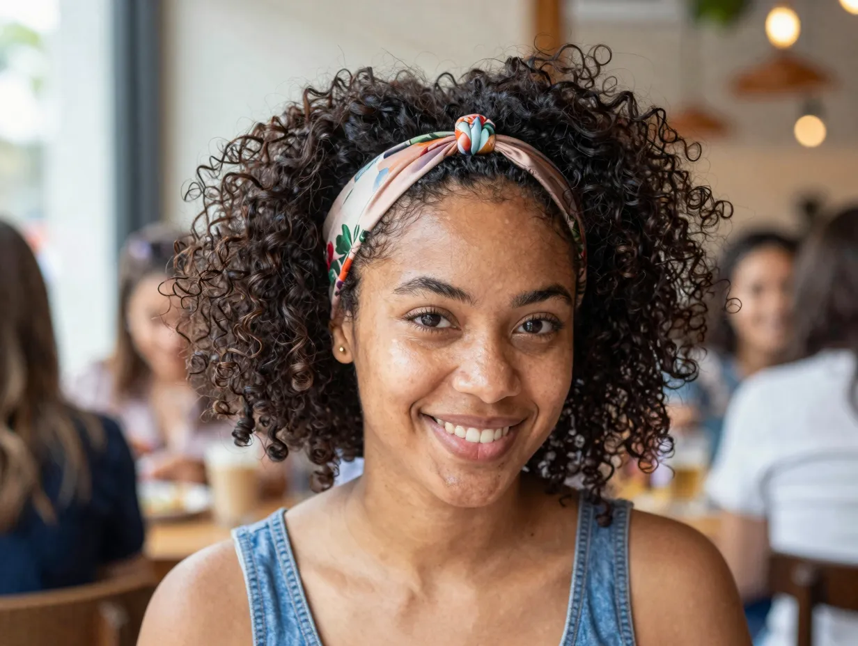 High puff hairstyle on coily hair with headband for casual brunch