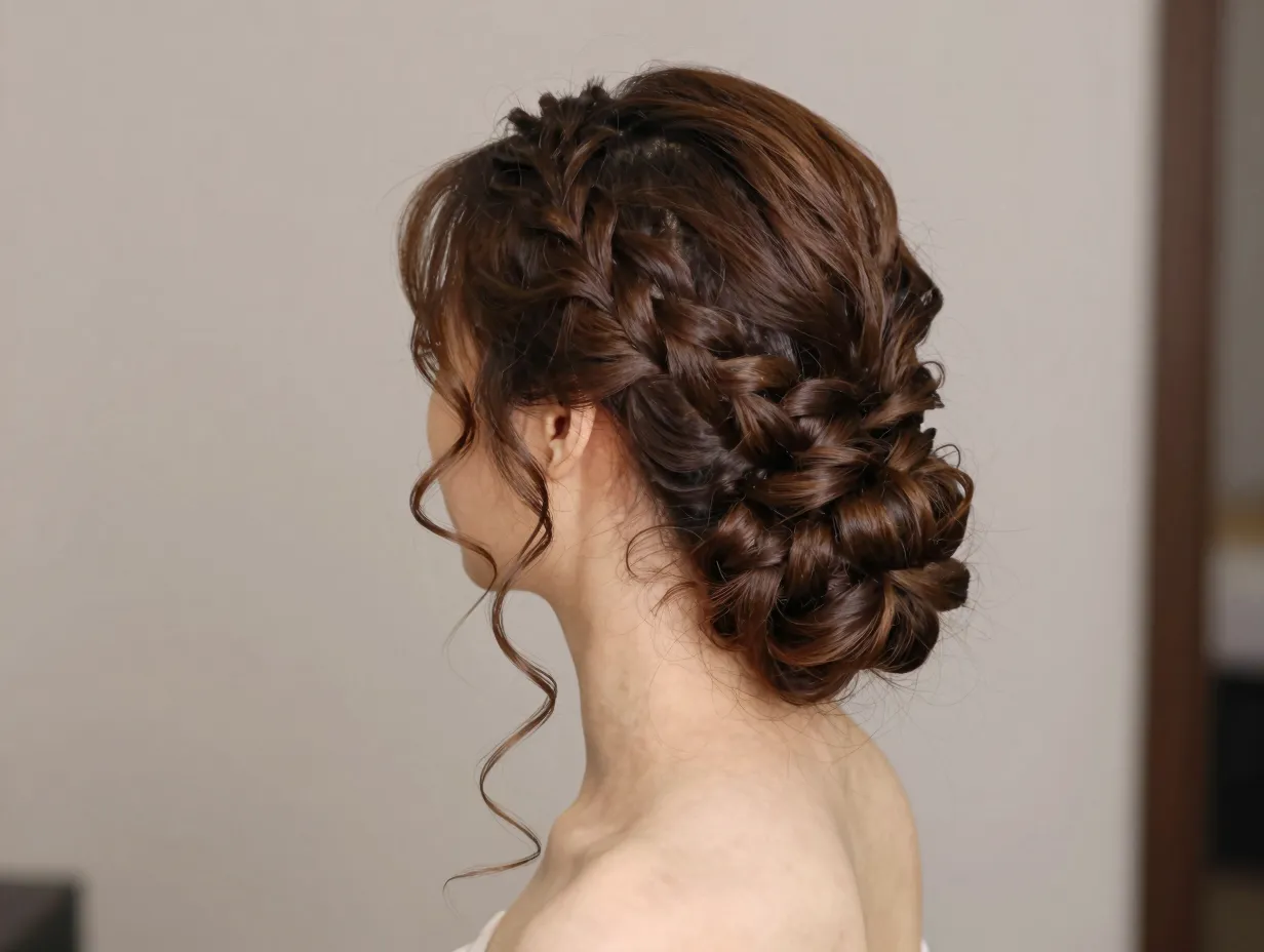 Braided updo with loose curly tendrils for a formal wedding