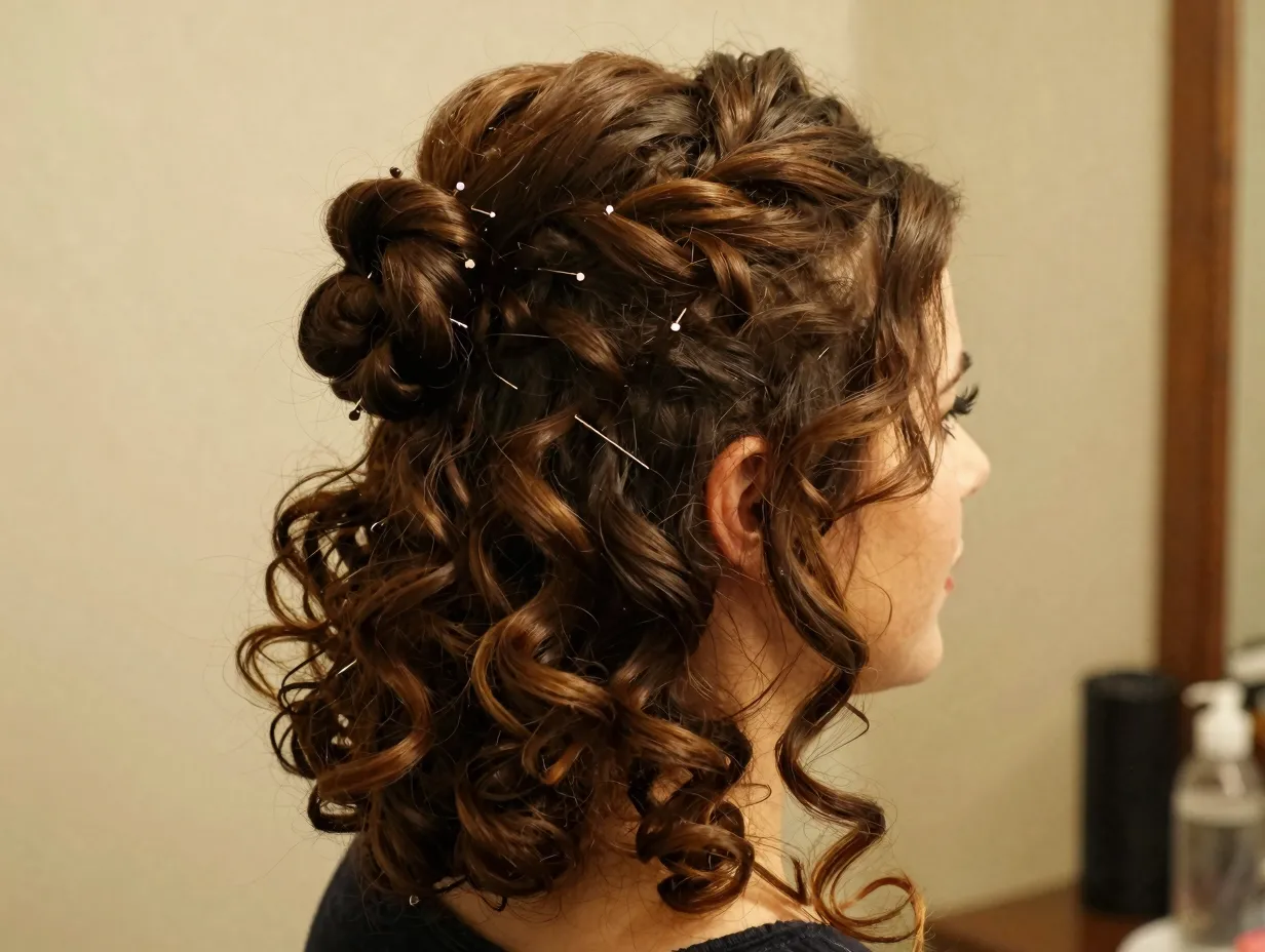 Half up bun hairstyle with loose bottom curls for date night