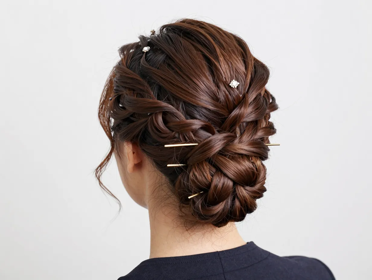 Elegant twisted updo for professional setting with decorative pin